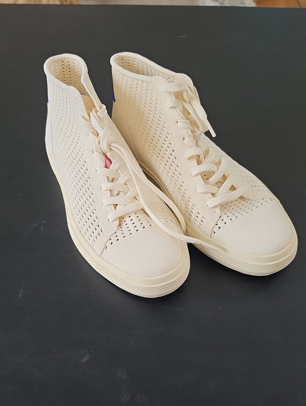 Brand New Rothy's Cream Knit High Top Sneakers with Pink Accents - 12
